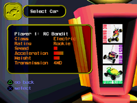 Car Selection Screen from the Playstation version. Boxes are displayed in groups of three. When the player navigates to the next group, the three boxes revolve and shows the next three cars according to the boxes ordering.