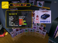 Car selection Screen from DEV version, where a handling meter is displayed and the NY 54 (Loaded Chique) box have a missing image.