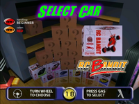 Car selection screen of the arcade version. A Car logo is displayed below the box and is possible to change car skins. Also, some boxes are not present in the stack and statistics are not shown.