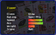 Zipper's stats in the Car Selection Screen.