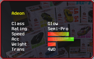 Adeon's stats in the Car Selection Screen.