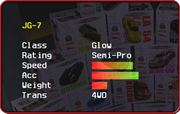 JG-7's stats in the Car Selection Screen.