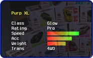 Purp XL's stats in the Car Selection Screen.