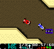 Gameplay in some Toys in the Hood level. Under the screen is the HUD containing from left to right the weapon inventory, lap and position counter, directional arrow, stopwatch and speedometer.