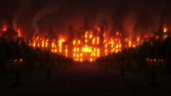 both-dunlin119: anime art-style mansion on fire in re:zero world with doors  and windows barricaded