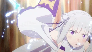 Emilia conjuring a halberd made of ice to use against Sirius.