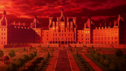 both-dunlin119: anime art-style mansion on fire in re:zero world with doors  and windows barricaded