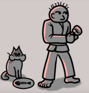 The cat eating a fish next to Karate Joe in Rhythm Heaven Fever