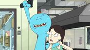 Samantha looks at the Meeseeks who is holding her hostage.