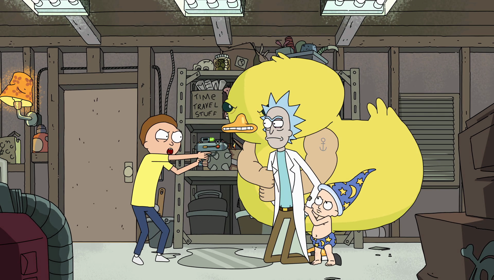 Rick is taken into the garage by Morty Smith, Baby Wizard, and the Duck wit...