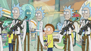 A Rick officer in front of Mermen versions of Rick and Morty,