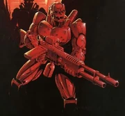 Two cyborgs move through the ruins of a city.