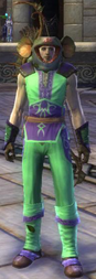 COSTUME :: Male Eth wearing Adept Costume chest, legs, and boots -- all dyed Seafoam Green primary, purple secondary. Hat is Bogling Surprise, costume reward for completing 25 artifact sets.