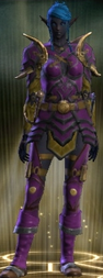 LEATHER :: Female Kelari wearing Lymond's Leather Set chest, shoulders, and legs. Her shoes are Adept Costume. All pieces dyed magenta and dark magenta.