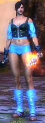 COSTUME :: Female Mathosian wearing Footpad Costume chest, with Adept Costume pants and boots. Dyed light sky blue.