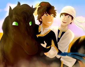 Horse Toothless being ridden by Hiccup and Jack