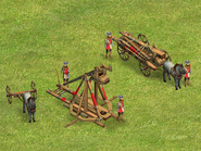 Trebuchets (European style) in a deployed state for attacking (left) and an packed, mobile state (right).