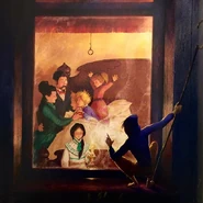 Jack looking at a family. Bill Joyce's wife is portrayed twice in this illustration: as the mother and the child at the window.