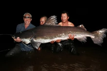 Jeremy and some locals holding the largest Piraiba Catfish Jeremy ever caught.