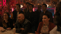 The town gathers at Pop's to watch the new videotape