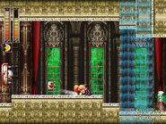 Fighting through the inner quarters of the Garden of Chaos. Here, a beholder observes the player character's every move from outside the palace windows, acting as the palace's security camera.