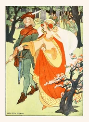 Lucy-Fitch-Perkins-Alan-and-The-Bride.png (2.02 MB) Illustration of Alan a Dale and Ellen from Robin Hood. His Deeds and Adventures as Recounted in the Old English Ballads by Lucy Fitch Perkins (1906).
