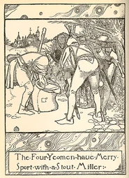 Illustration of Much about to throw flour into his attempted robbers' faces by Howard Pyle from his The Merry Adventures of Robin Hood of Great Renown, in Nottinghamshire (1883)