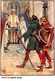 WalterCrane RobinStopsAWedding.png (806 KB) Robin and Alan a Dale stop the bride's wedding to the old knight. Illustration by Walter Crane.