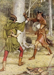 Illustration of Guy of Gisbourne fighting Robin Hood by Walter Crane for Robin Hood and his Merry Men by Henry Gilbert (1912)