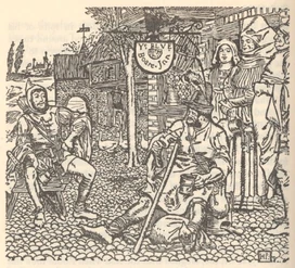 Maken standing with her employer and his wife watching Robin Hood and the Tinker at the Blue Boar Inn. Illustration by Howard Pyle for his book The Merry Adventures of Robin Hood