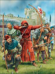 Gil crouched and watching a disguised Robin Hood loose an arrow at the competion while the Sheriff of Nottingham and The Sheriff's Wife look on.