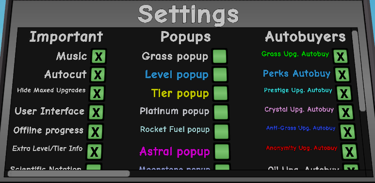 Settings Menu, Roblox Grass Cutting Incremental Wiki