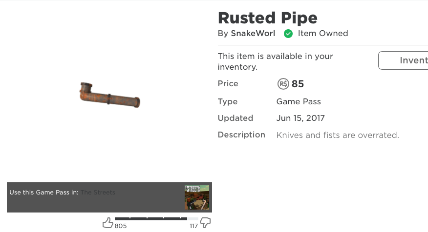 Pipe Game Pass Roblox The Streets Ideas Wiki Fandom - roblox inventory price