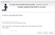 An example of a game creator confirming that a VIP shirt for his game is a scam.