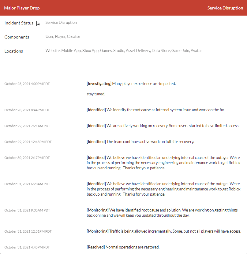Status.roblox.com (Nov 2021) Current Outages & Issues!