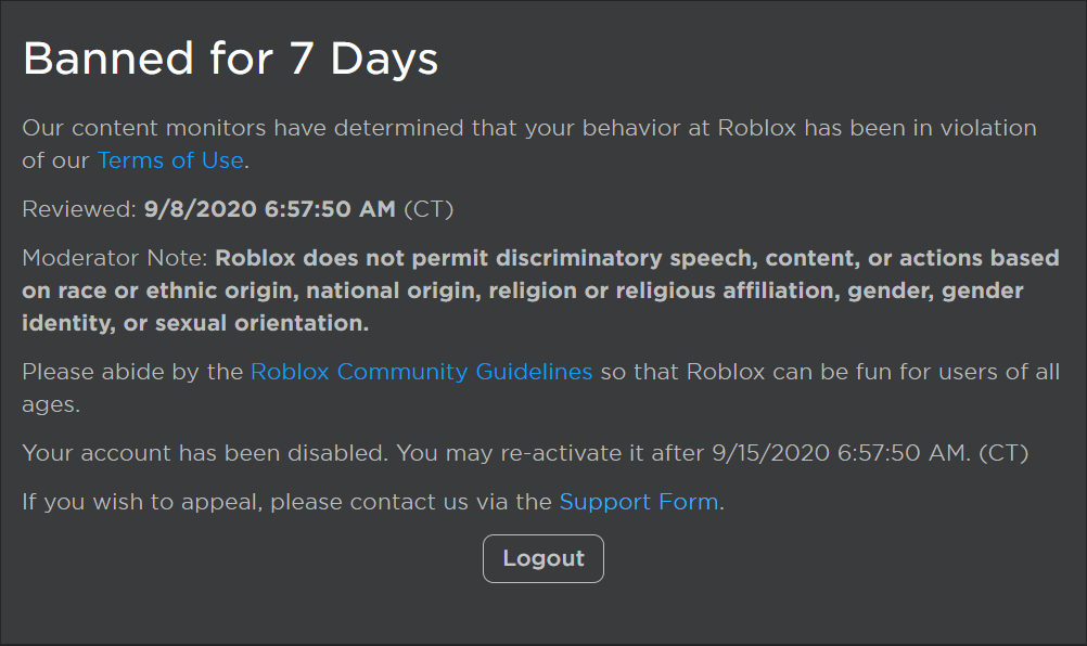 Ban 1 Week Ban Roblox Wiki Fandom - how to make an prefect ui for any monitor roblox