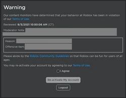Roblox Moderation incorrectly refers to the Roblox Terms of Use