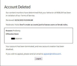 Ban Roblox Wiki Fandom - roblox account deleted for unauthorized charges