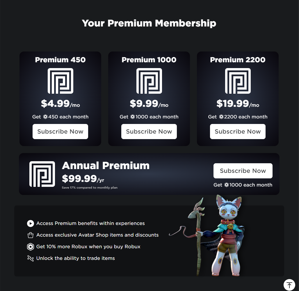 how much is roblox premium a month