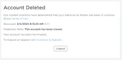 A permanent ban note on closed account.