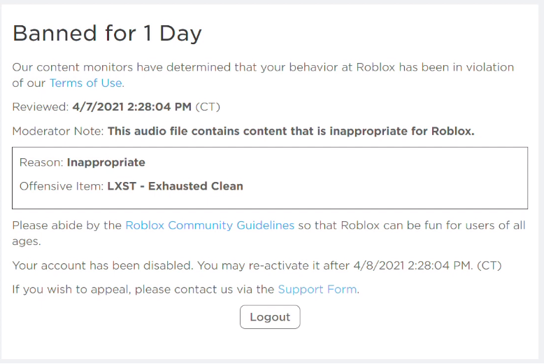 Ban 1 Day Ban Roblox Wiki Fandom - how to reactivate your roblox account after being banned for 7 days