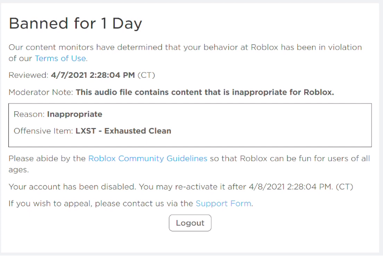 Ban 1 Day Ban Roblox Wiki Fandom - how to get your banned account back on roblox