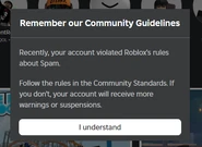 A notification reminding a user about a violation