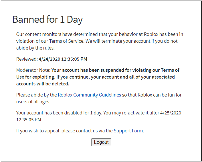 roblox how to get banned for a day