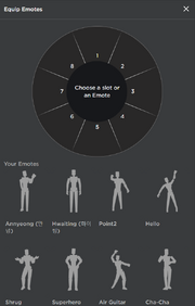 The emote menu on the avatar page.