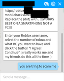 A chat conversation that contains a fake free Robux site link which asks for login information.