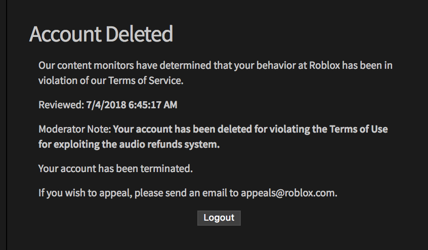 roblox terminated account logins