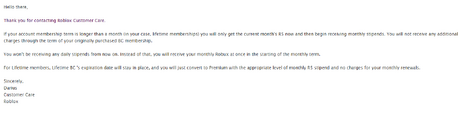 Reply from Roblox Support concerning the conversion of Lifetime BC members to Premium (source)