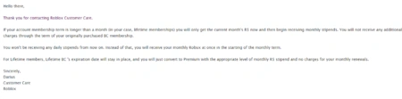 Respuesta del Soporte de Roblox sobre la conversión de miembros de Lifetime BC a Premium. (Inglés)