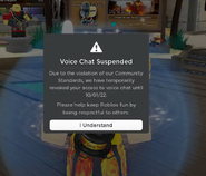 Prior appearance of the voice chat suspension message. A player getting the suspension message when playing Tower Defense Simulator.